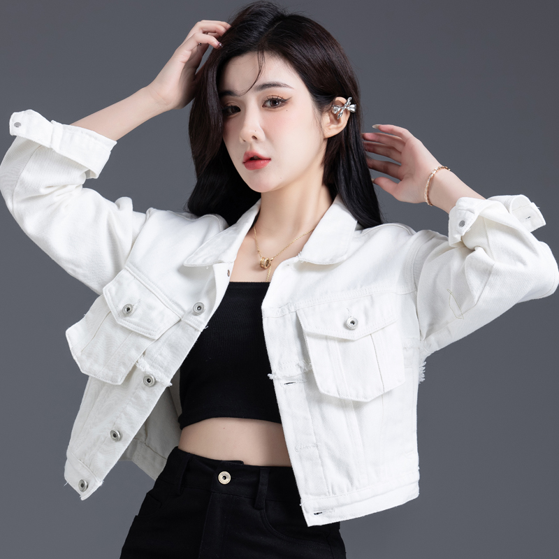 时尚白色牛仔外套女春秋季新款高腰短款小款牛仔衣女工装夹克小众