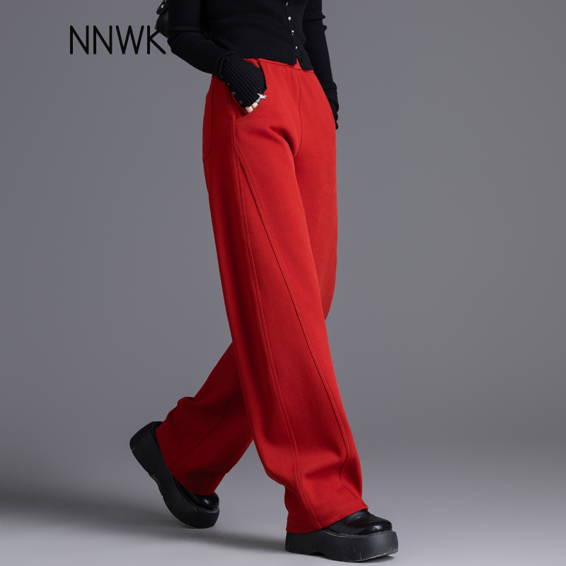 安可拉红阔腿休闲裤女2025春秋季新款窄版镰刀香蕉裤女士运动卫裤