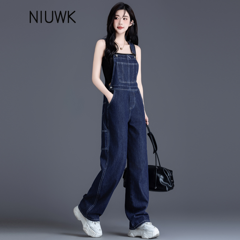 深蓝色牛仔背带裤女2025春秋季新款减龄连体裤宽松直筒工装阔腿裤