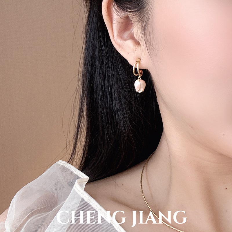 合金耳饰 油画粉色花朵温柔优雅女郁金香长款耳环春夏新款设计感