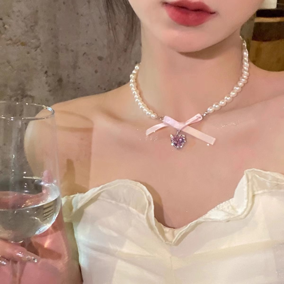 合金亚克力项链 法式粉爱心蝴蝶结百搭项链女小众甜美锁骨链X798