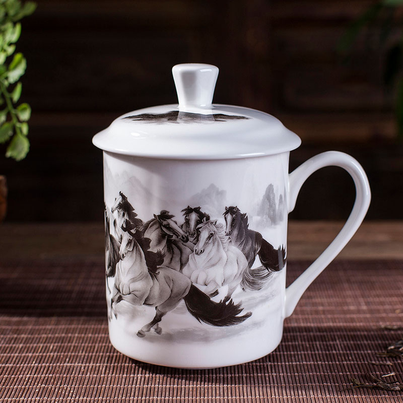 景德镇陶瓷茶杯带盖家用骨瓷大水杯办公室杯子青花瓷杯定制刻字