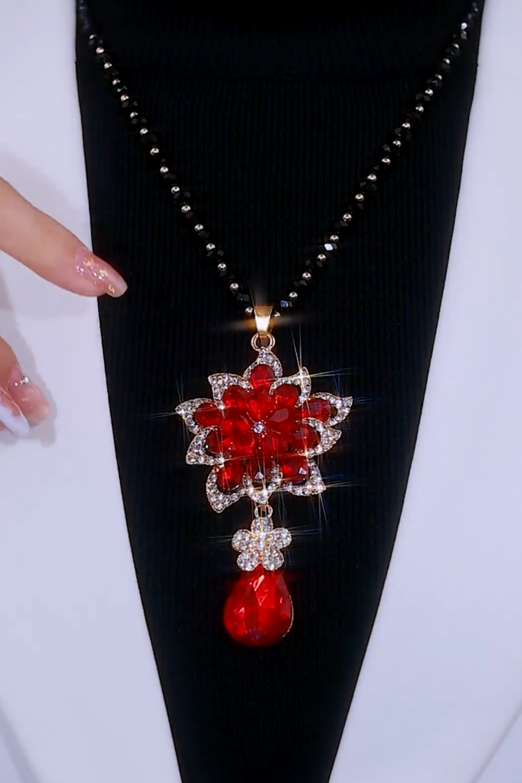 非金属项链 红色花朵项链毛衣链长款高级感新款百搭秋冬挂件配饰