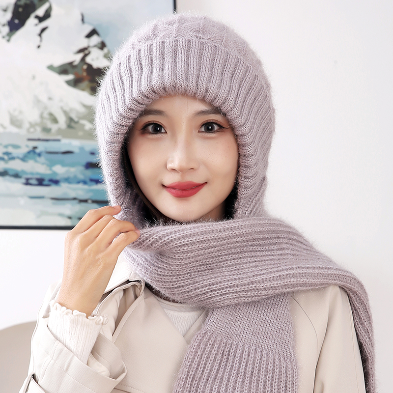 帽子女防风保暖帽时尚针织女士加绒加厚冬天户外松鼠绒围脖一体帽