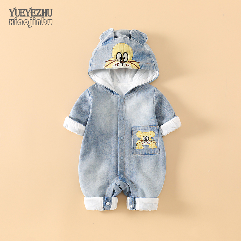 婴儿牛仔连体衣春秋男宝宝衣服秋装双层连帽外套幼儿高档外出抱衣