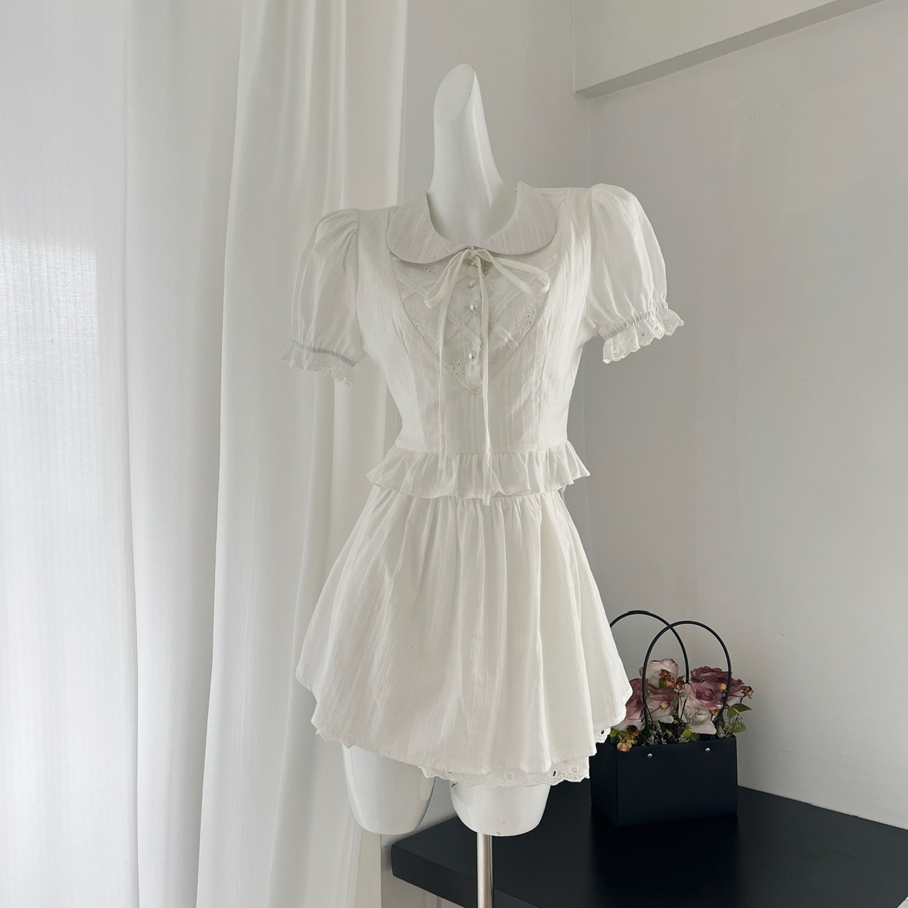 时尚套装女夏季新款气质白色短袖舒适娃娃领衬衫百搭短裙两件套