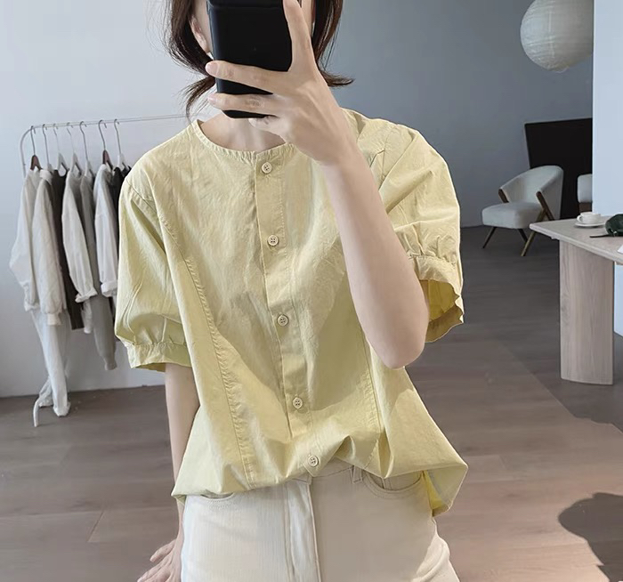 纯棉圆领衬衫女夏新款宽松显瘦简约时尚设计感短袖基础款减龄上衣