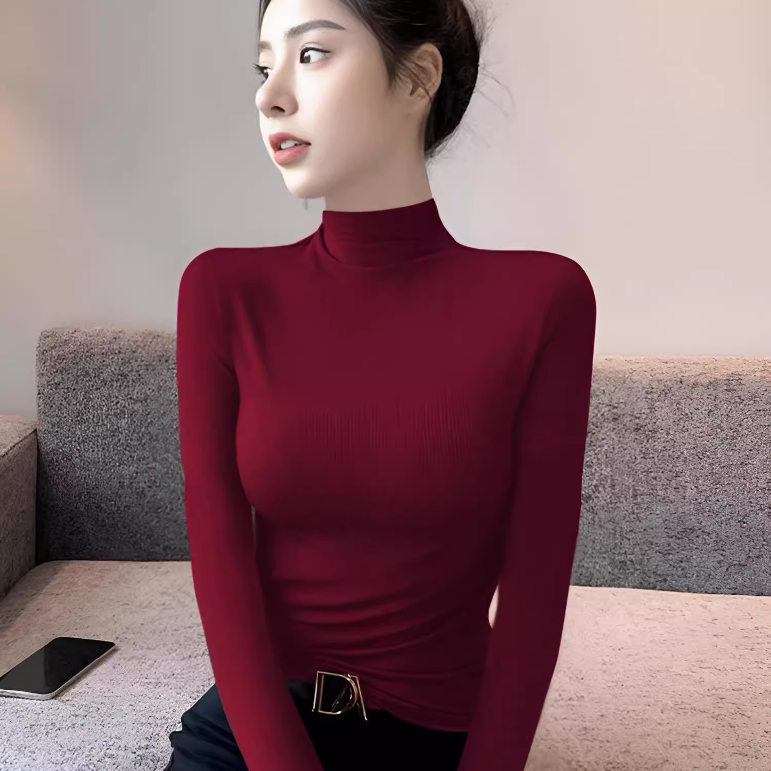 打底衫女秋季修身内搭薄款半高领上衣洋气2025新款安哥拉红针织衫