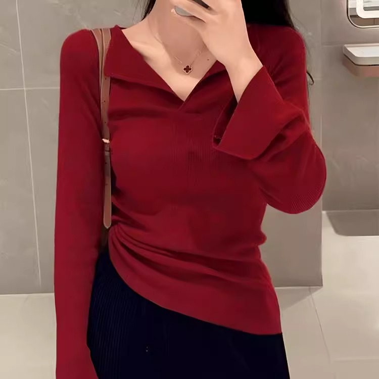 法式安哥拉红羊毛衫女秋季内搭修身气质显瘦设计感V领针织打底衫