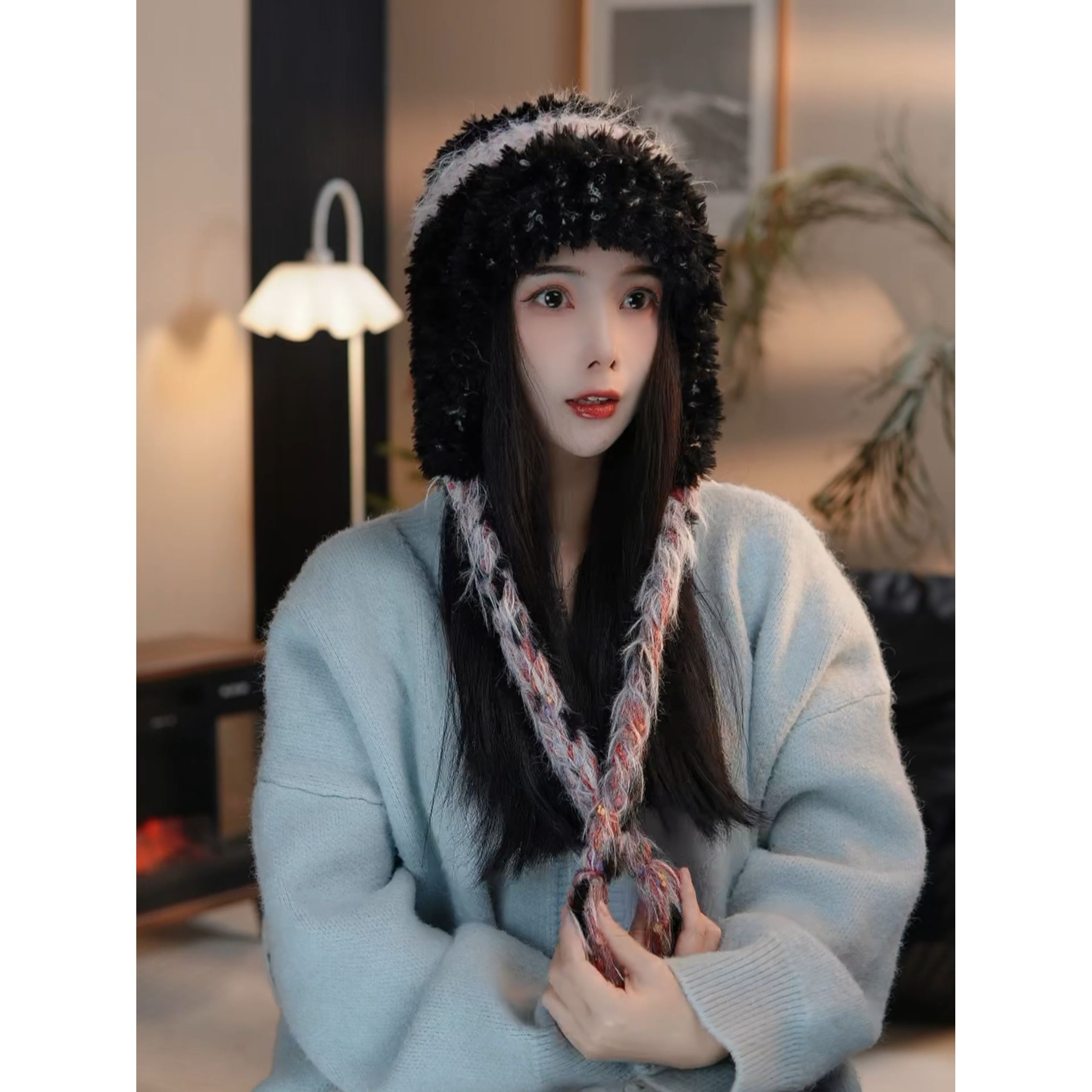 民族风拼接毛绒雷锋帽女秋冬大头围加厚保暖防寒护耳套头帽显脸小