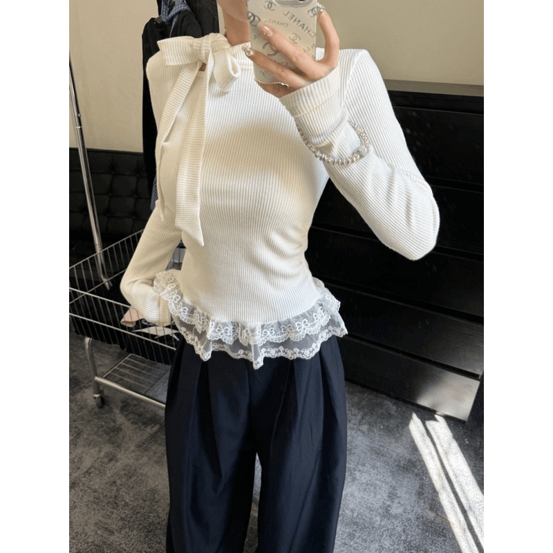 白色加绒蝴蝶机系带保暖打底衫女2024年秋冬款小众蕾丝裙摆小上衣