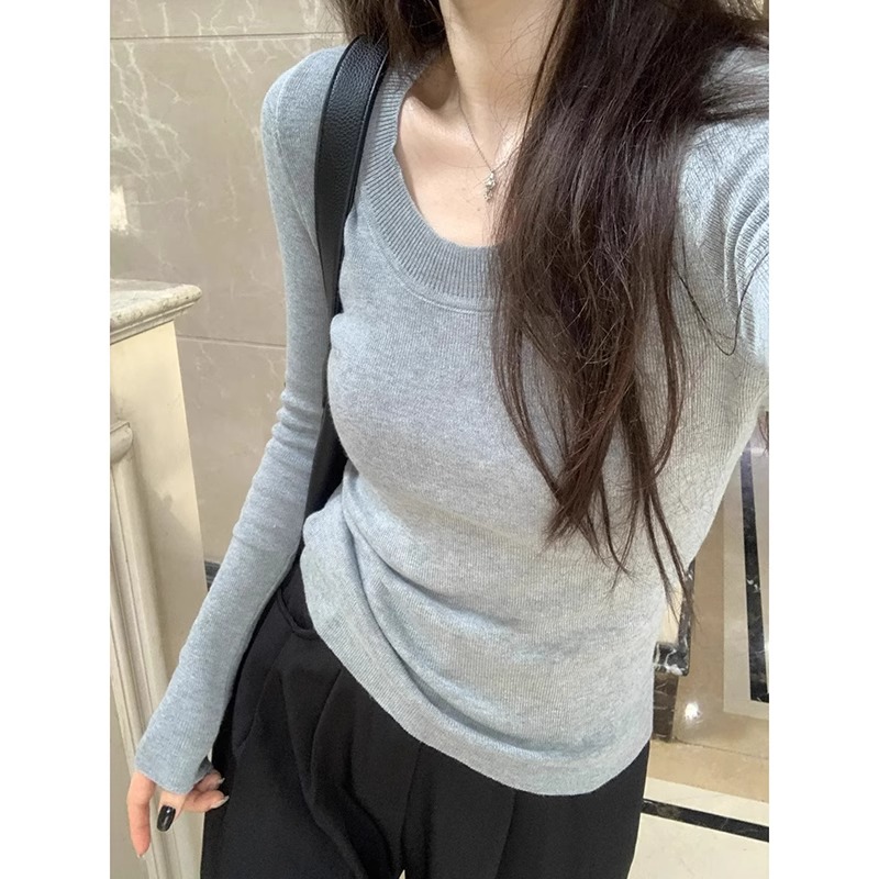 2025春季极简ins风U领正肩针织打底衫女修身显瘦简约内搭毛衣上衣