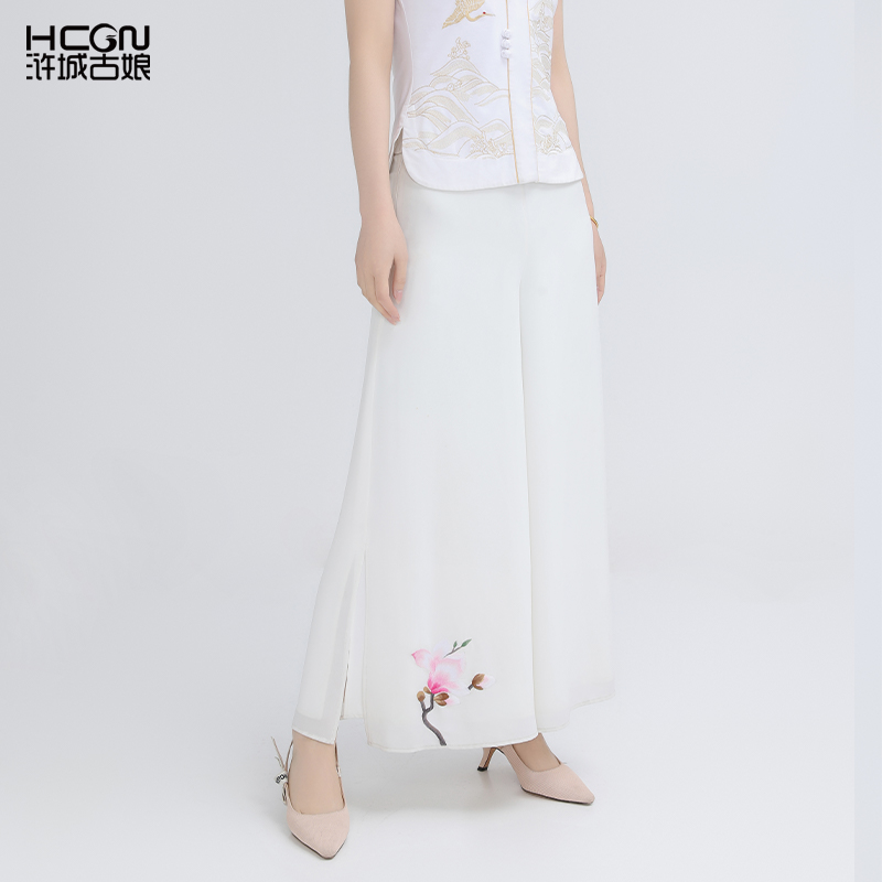 浒城古娘中式国风时尚休闲日常百搭气质绣花玉兰阔腿裤-8B181555