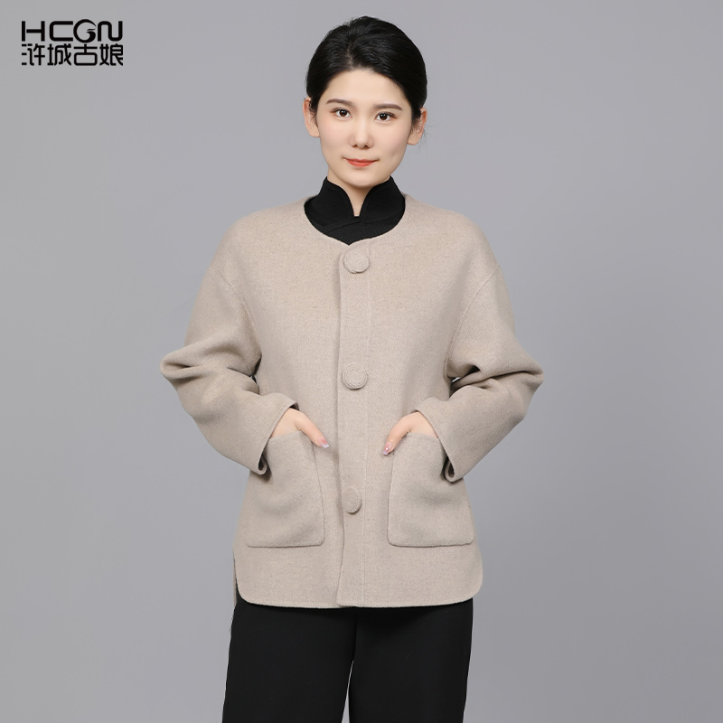 浒城古娘新款绵羊毛中式刺绣花舒适短款瑞鹤祥梅双面大衣DMT18956