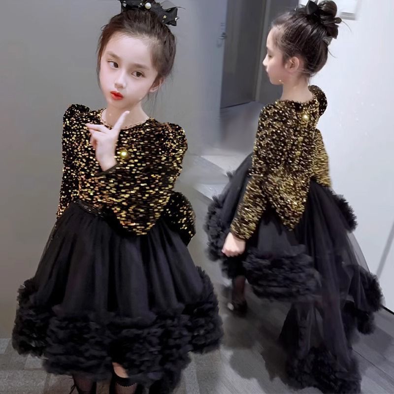 女童高端连衣裙秋冬季加绒洋气丝绒蓬蓬纱裙子儿童女童公主裙礼服