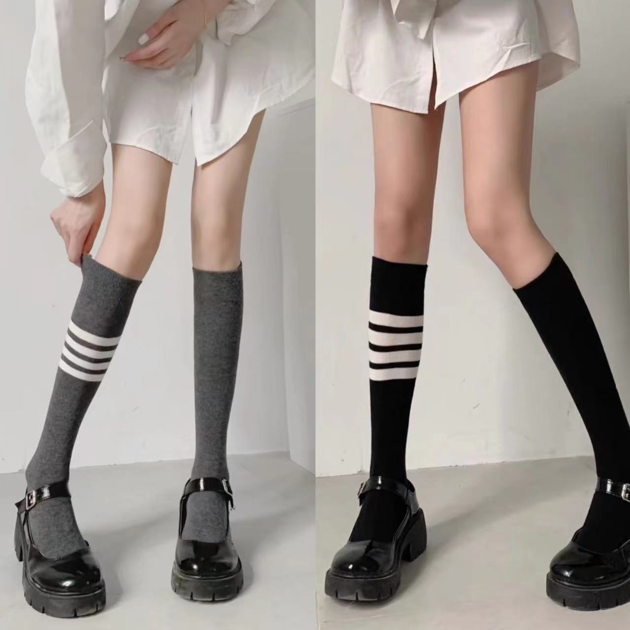 日系百搭少女感条纹AB学院风ins穿搭时尚洋气Jk减龄及膝小腿袜