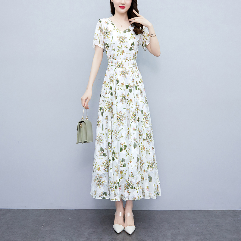 高端女装碎花雪纺连衣裙新款夏季短袖提花长款收腰仙女大摆长裙子
