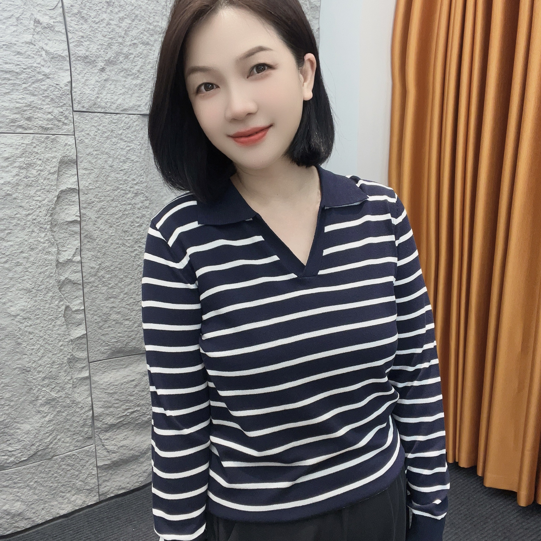 4457/4390秋 上新经典条纹藏青色翻领假开衫【大米家新款】长袖薄款