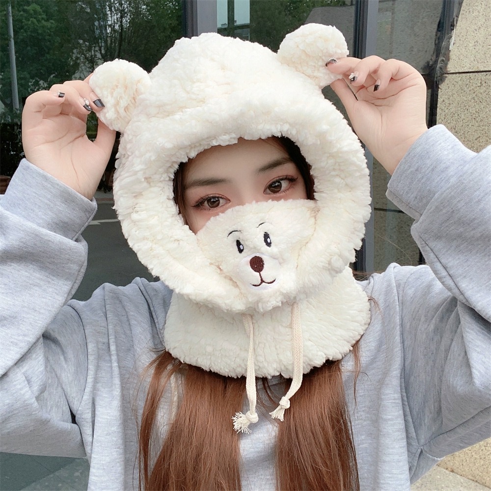 小熊帽子围巾一体防风女冬季可爱骑车保暖护耳帽秋冬护耳帽骑行