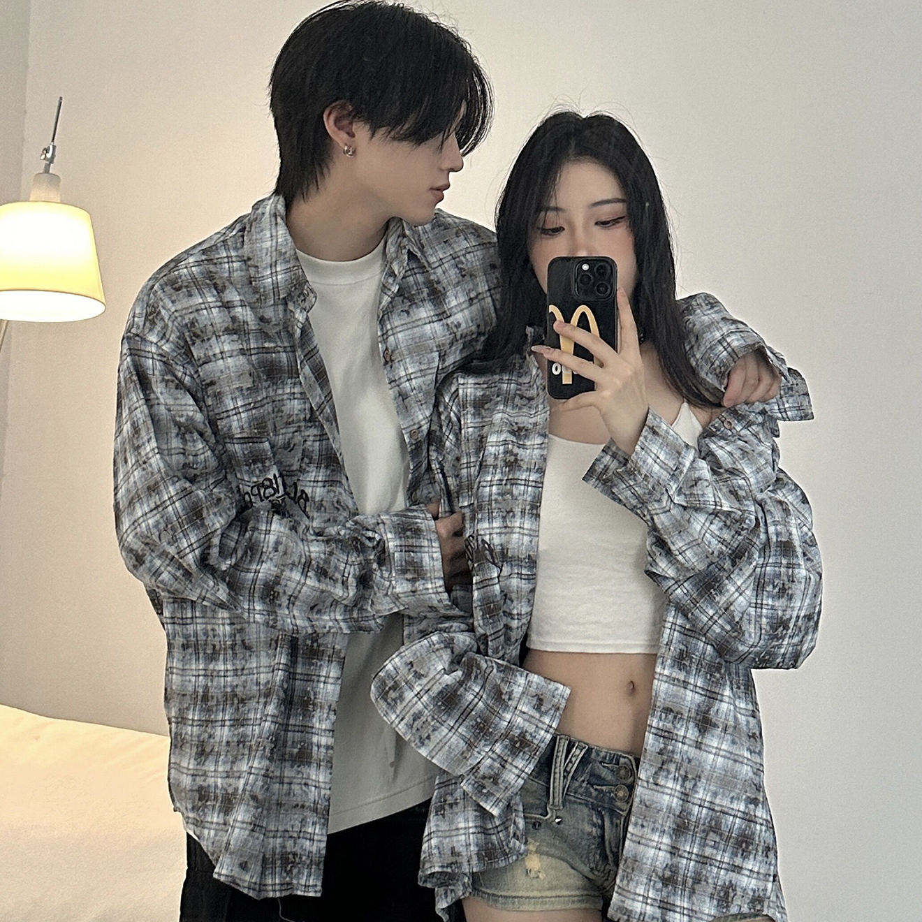 情侣装美式复古痞帅休闲扎染衬衫高街格子宽松印花衬衣男女外套潮