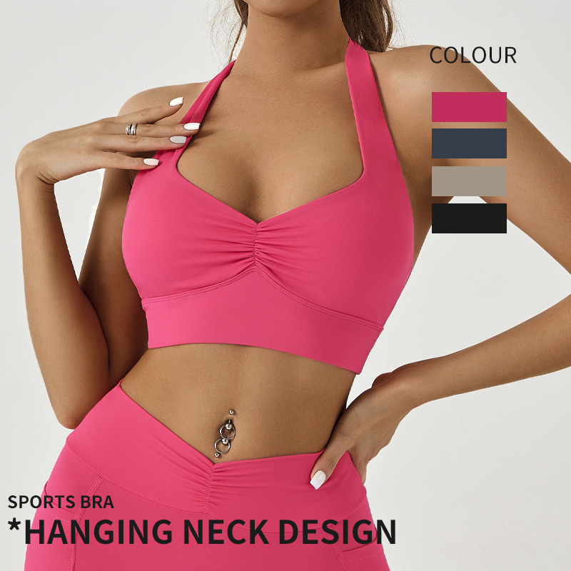 欧美裸感美背运动内衣中强度褶皱挂脖可拆卸训练运动健身Bra188