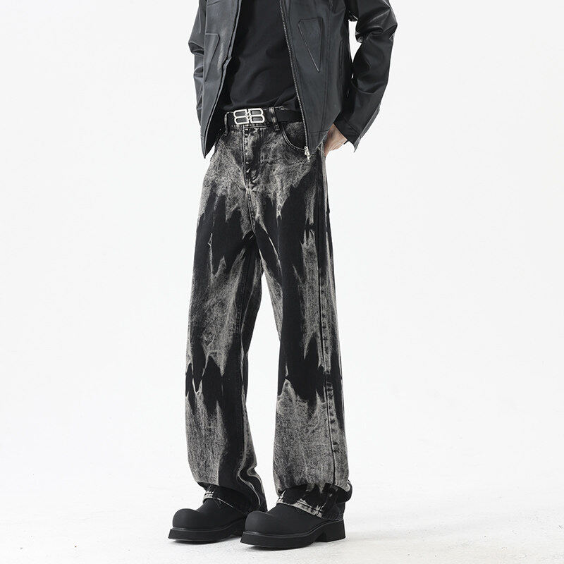 美式设计感扎染牛仔裤男款直筒潮牌痞帅炸街裤子高腰显瘦微喇长裤