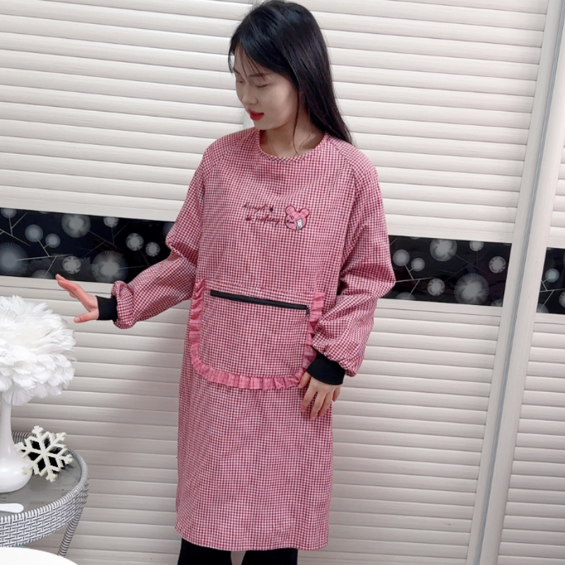 时尚洋气长袖透气围裙罩衣厨房家用做饭防污拉链口袋反穿工作服