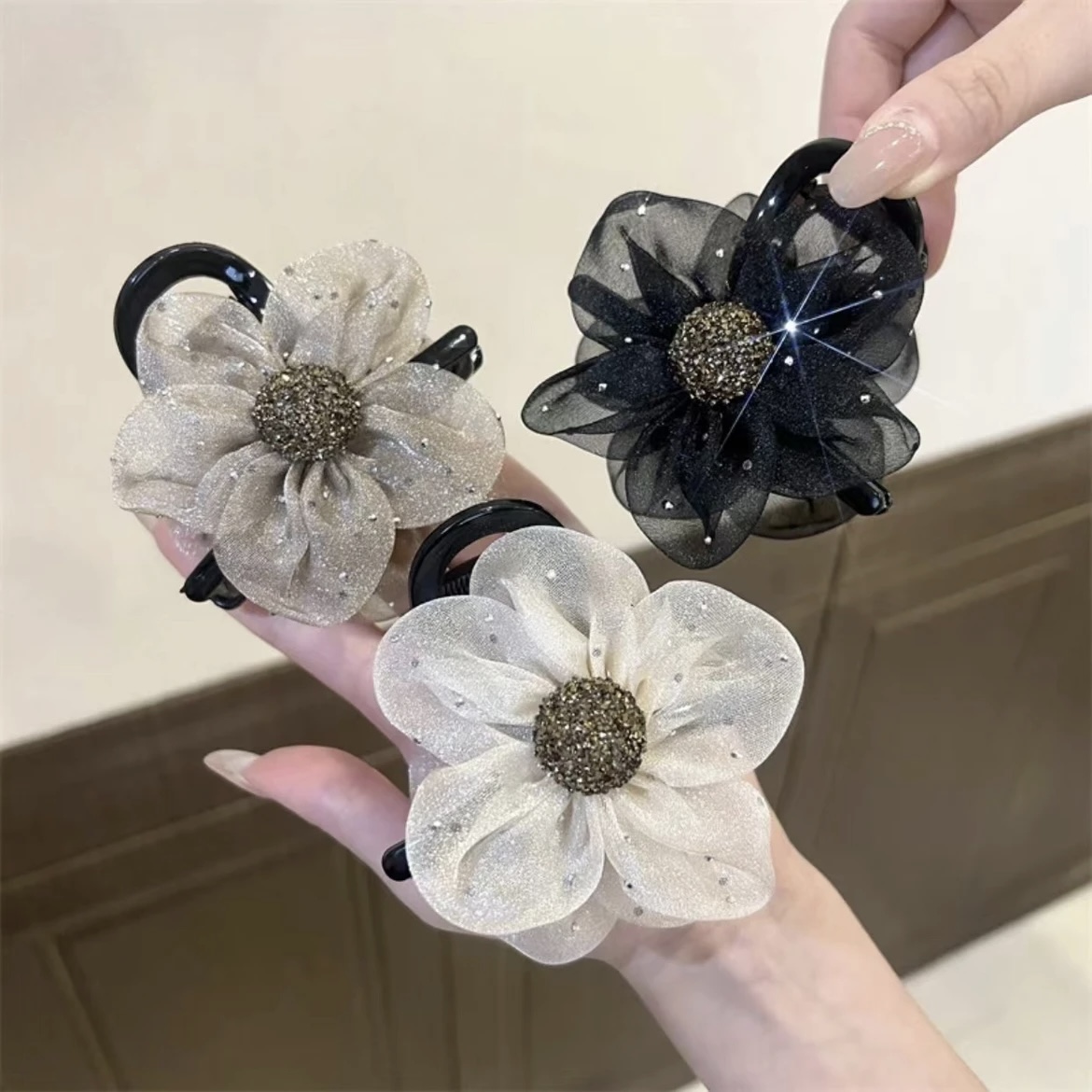 新款高端轻奢太阳花水钻花朵抓夹马尾丸子头抓夹气质百搭发饰