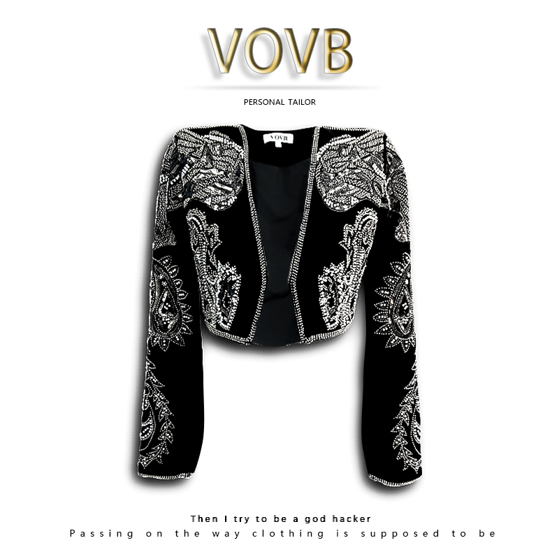 VOVB新款轻奢优雅钉珠时尚立体高级显瘦重工刺绣上衣外套女-1046