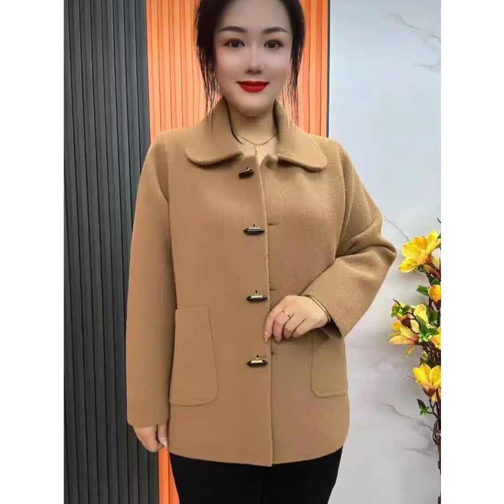 仿毛呢外套高档新款秋冬女短款休闲宽松呢针织妈妈开衫装双面外穿