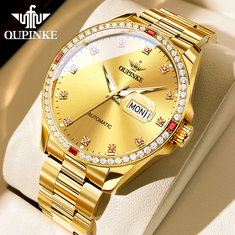 瑞士欧品客经典时尚简约奢华气质镶钻高档夜光防水机械男表3261