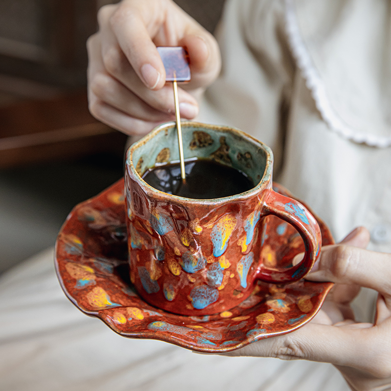 小悠家〖国内手作〗手工粗陶咖啡杯碟套装褶皱设计复古陶瓷马克杯