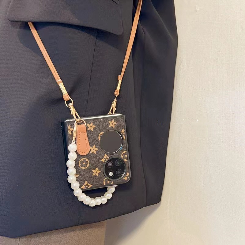 潮牌经典棕色小花适用华为pocket2折叠屏手机壳女款手提斜跨p50硬