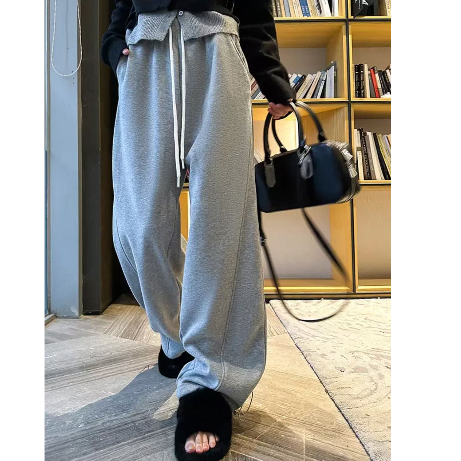 弯刀裤女春秋2025新款高腰阔腿宽松显瘦卫裤直筒灰色加绒运动裤