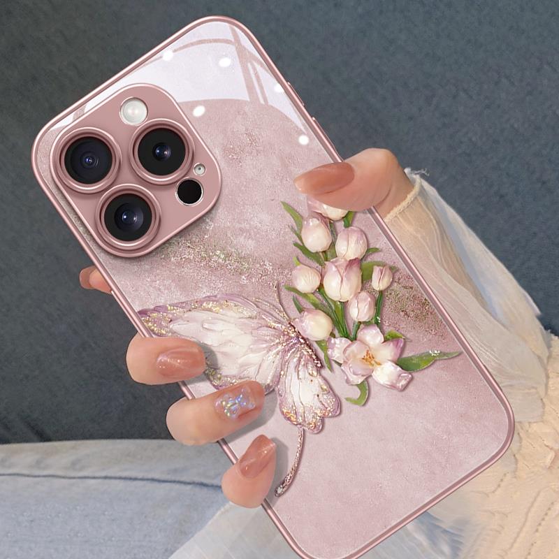 玫瑰蝴蝶适用苹果iphone15/华为p70/小米/OPPO/VIVO玻璃手机壳