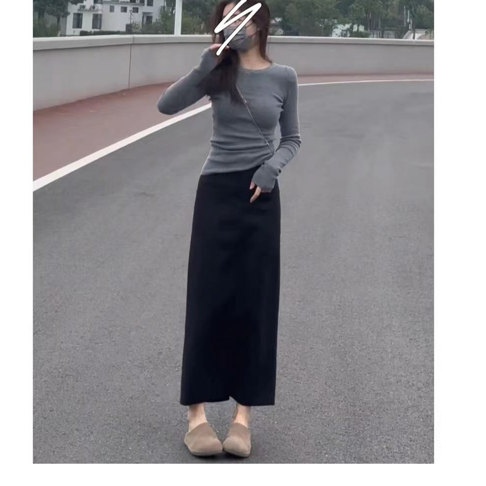 秋季修身显瘦气质圆领针织衫长袖内搭打底上衣+开叉半身裙套装