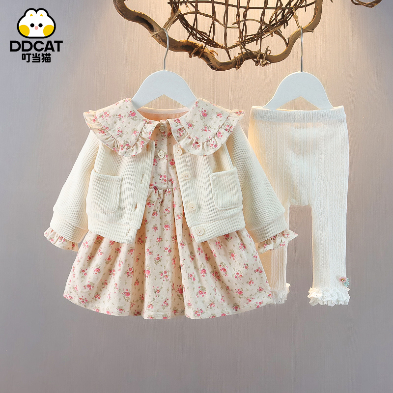叮当猫女童套装春秋洋气儿童套裙小童秋装婴儿女宝宝裙子三件套潮