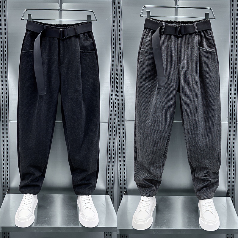 秋冬新款美式复古小直角休闲裤男士腰带装饰条纹哈伦裤国潮老爹裤