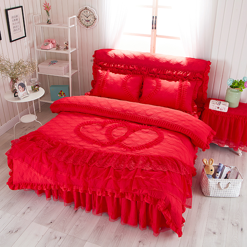 韩版磨毛四件套大红色喜庆婚庆夹棉加厚四件套亲肤纯色公主风浪好