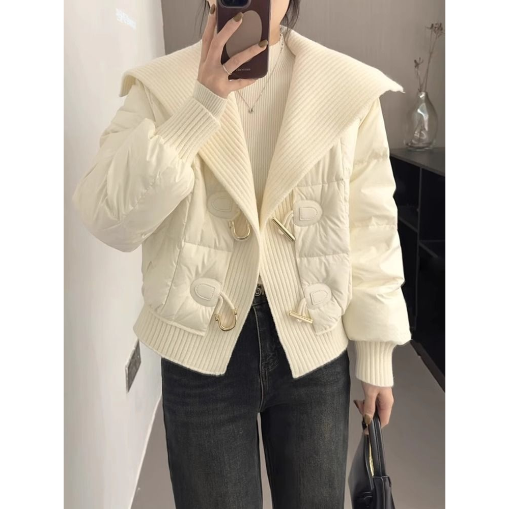 大翻领短款棉服女冬大码显瘦高级好看针织拼接假两件棉衣外套