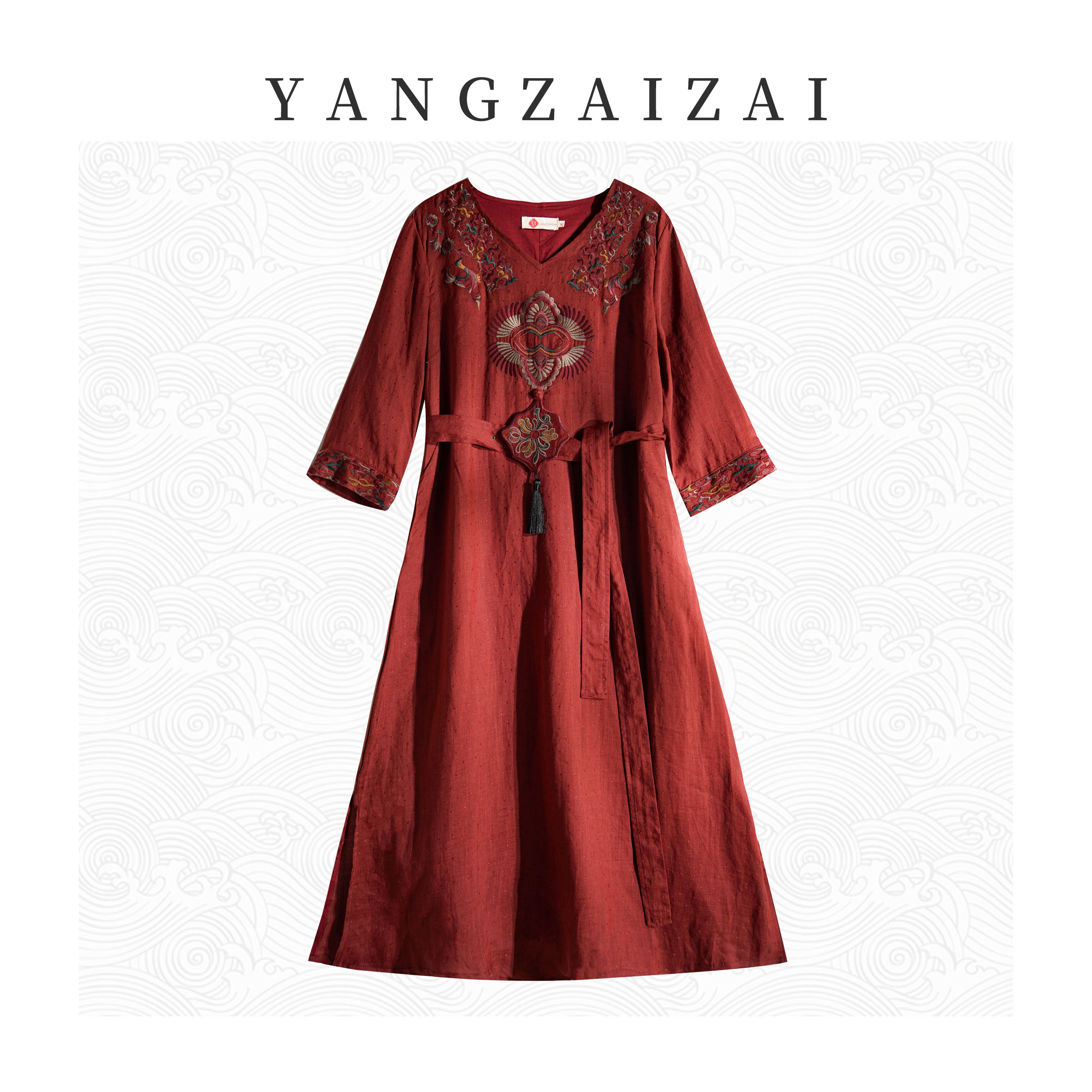 羊在在【草长莺飞】改良中式流苏刺绣连衣裙带腰带显瘦L080