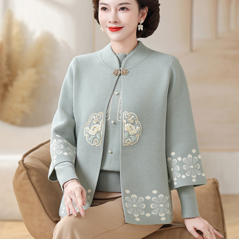 正品妈妈装新款国风中式两件套针织中老年女秋冬加绒毛衣开衫外套