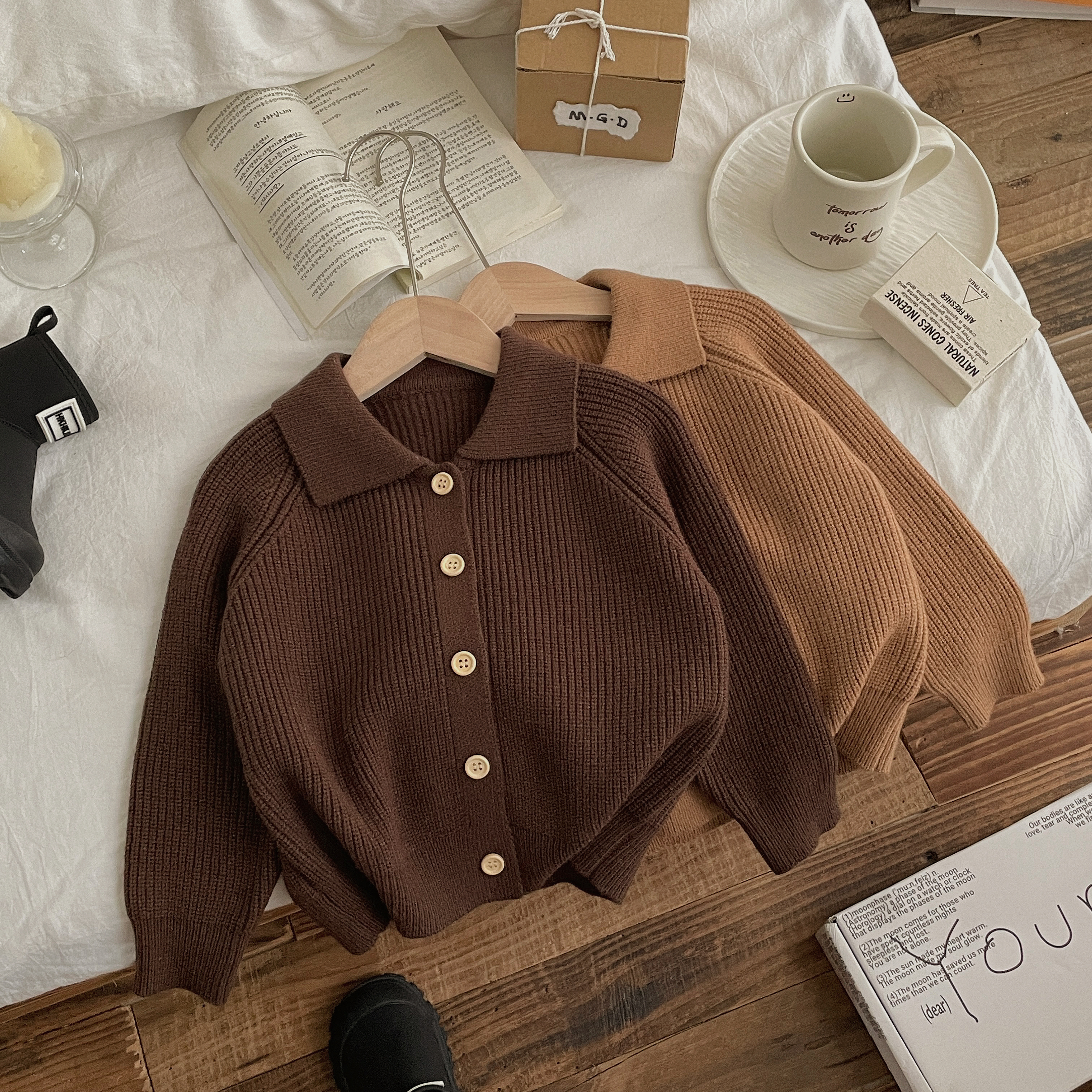 秋冬新款男女童简约开衫毛衣小方领设计纯色洋气毛衣外套