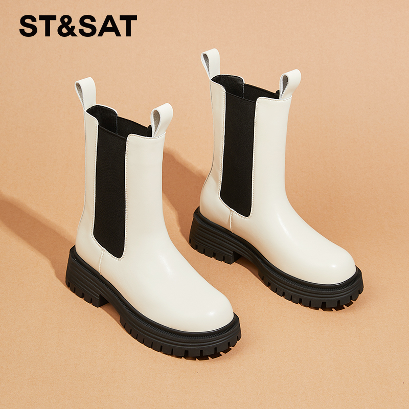 星期六真皮白色切尔西靴英伦风中筒厚底烟筒靴子加绒显瘦马丁靴女