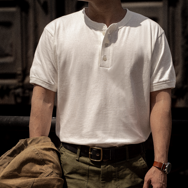 古叔の着 基础重磅230g纯色短袖亨利衫T恤阿美咔叽美式复古打底衫