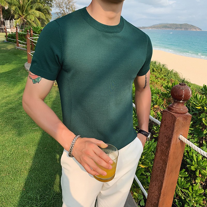 猎撒夏季冰丝圆领短袖T恤青年纯色百搭修身针织打底衫休闲体恤