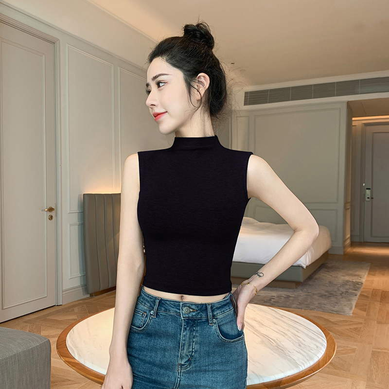黑色背心女夏外穿2025新款半高领螺纹短款吊带打底内搭无袖上衣
