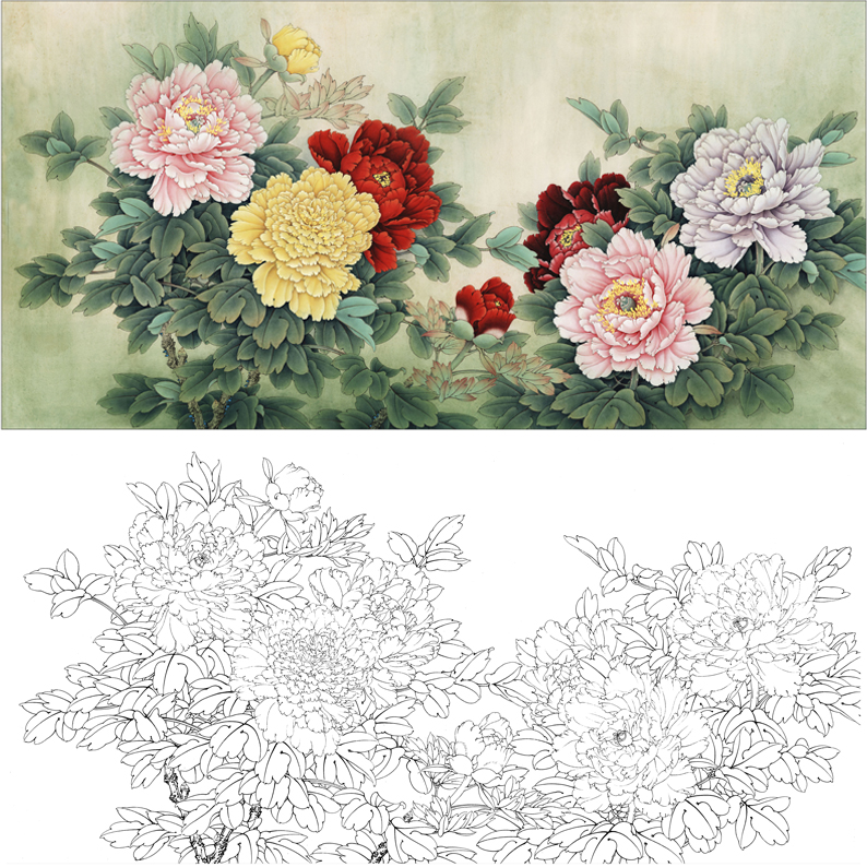 [有步骤】工笔画打印白描底稿李晓明横幅牡丹初学者临摹宣纸过稿