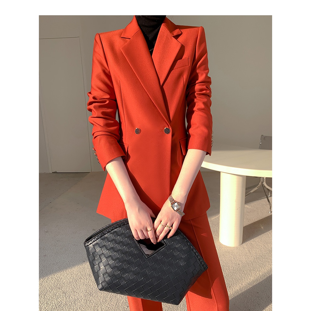 【高端轻奢】橘红色西装套装女2023新款女神范微喇裤总裁气质女西服