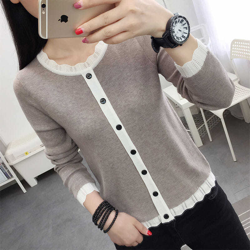 长袖针织衫毛衣女拼接纽扣新款女士秋冬外穿短款上衣打底衫女春秋